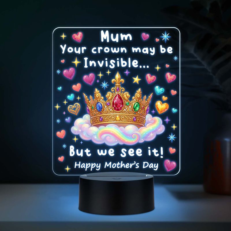 Mom Invisible Crown Quote Acrylic LED Lamp with UV Print – 7 Color Changing Night Light USB Powered Mothers Day Gift